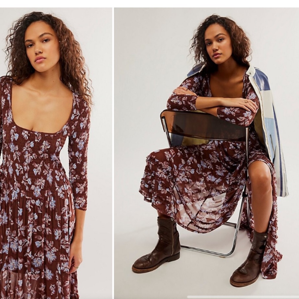 Free People Starlit Nights MIDI Dress Smocked Sheer Slip Floral Medium Med M FP - Picture 1 of 8
